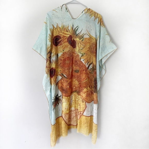 Van Gogh Sunflower Kimono Beach Cover Up Artsy Op Art Teacher Eclectic Grandma - Picture 1 of 12
